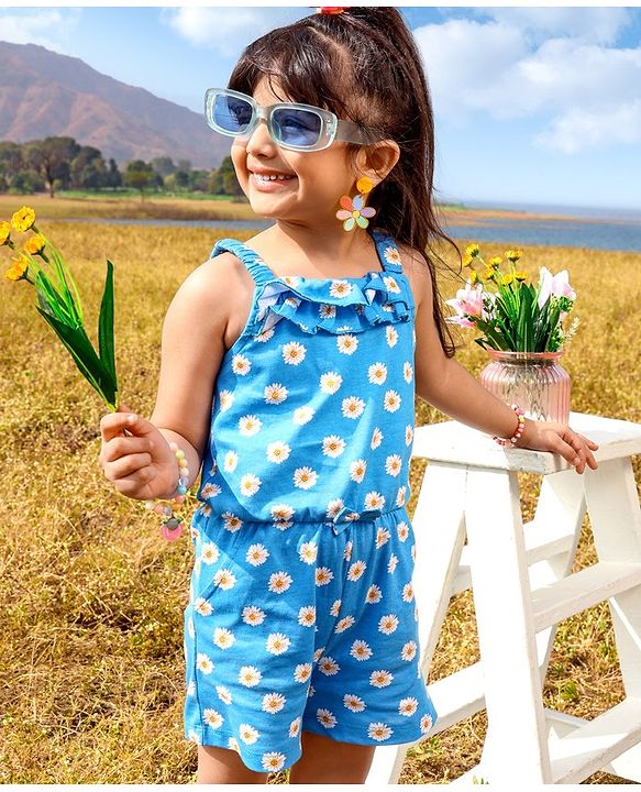 Babyhug 100% Cotton Singlet Sleeves Jumpsuit With Floral Print & Bow Applique - Blue