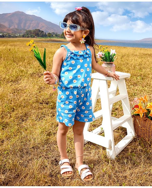 Babyhug 100% Cotton Singlet Sleeves Jumpsuit With Floral Print & Bow Applique - Blue