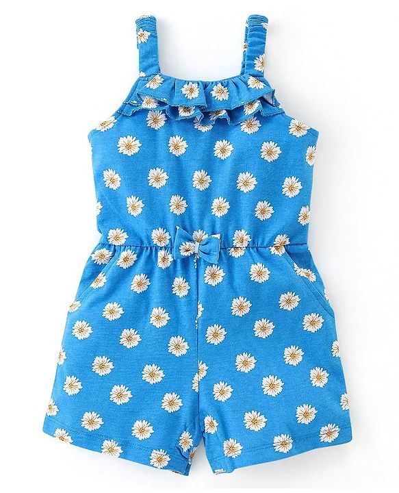 Babyhug 100% Cotton Singlet Sleeves Jumpsuit With Floral Print & Bow Applique - Blue