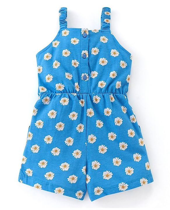 Babyhug 100% Cotton Singlet Sleeves Jumpsuit With Floral Print & Bow Applique - Blue