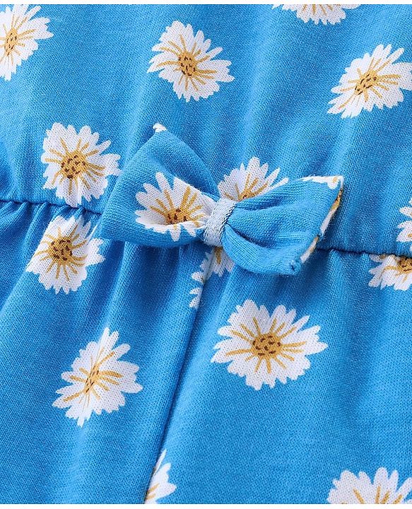 Babyhug 100% Cotton Singlet Sleeves Jumpsuit With Floral Print & Bow Applique - Blue