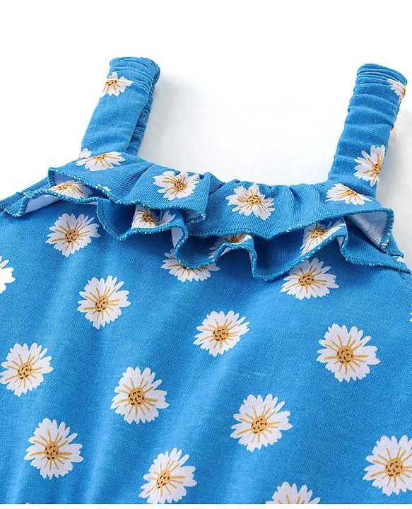 Babyhug 100% Cotton Singlet Sleeves Jumpsuit With Floral Print & Bow Applique - Blue