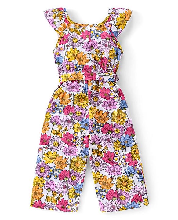 Babyhug 100% Cotton Jersey Knit Cap Sleeves Jumpsuit with Floral Print - White & Pink