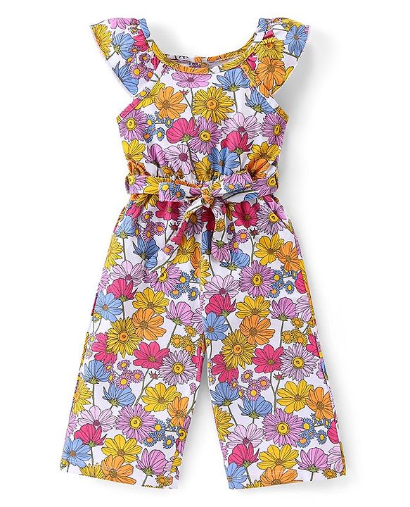 Babyhug 100% Cotton Jersey Knit Cap Sleeves Jumpsuit with Floral Print - White & Pink