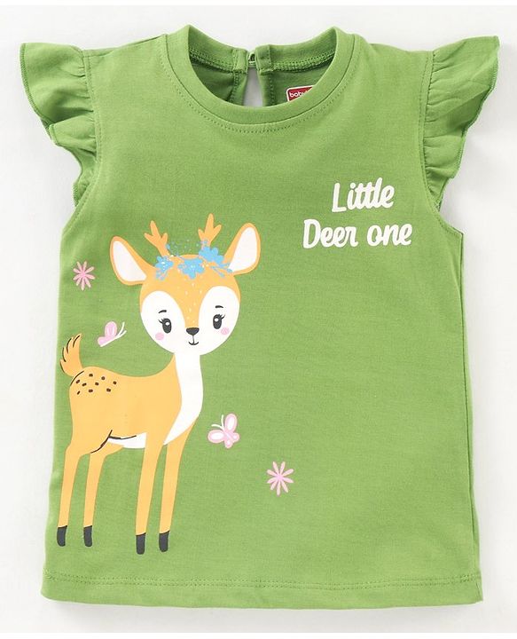 Babyhug 100% Cotton Half Sleeves Knit Tee with Graphics & Frill Detailing - Green