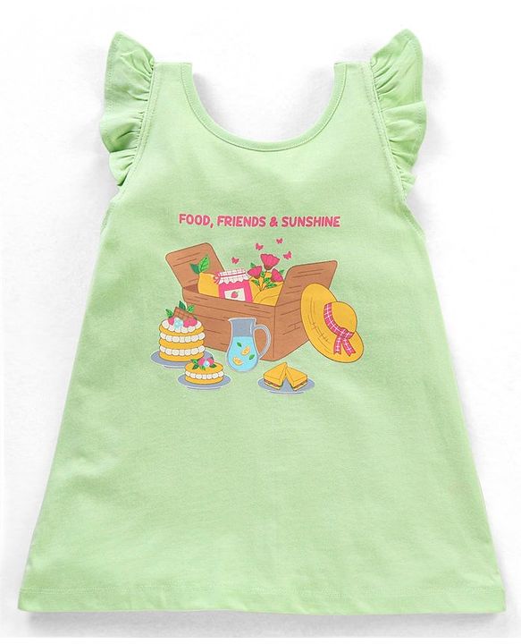 Babyhug Cotton Sleeveless Tee With Graphics Frill Detailing & Bow At Back- Light Green