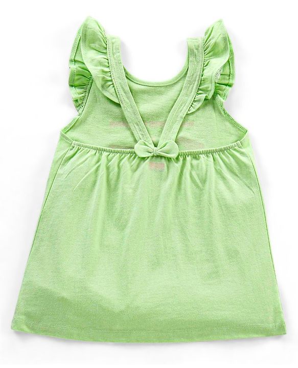 Babyhug Cotton Sleeveless Tee With Graphics Frill Detailing & Bow At Back- Light Green