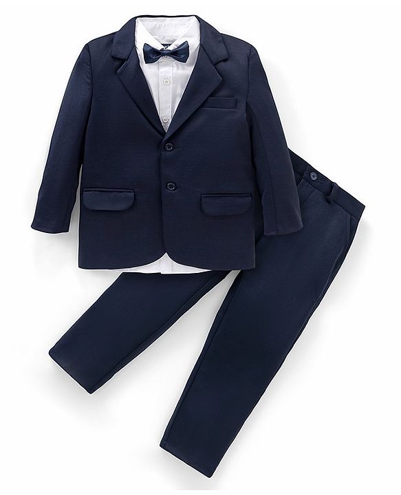 Pine Kids Full Sleeves Knitted Party Suit with Bow- Navy Blue