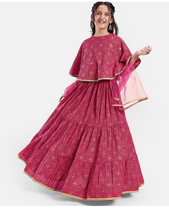 Pine Kids All Over Printed Tiered Lehenga with Cape Choli Set- Dark Pink