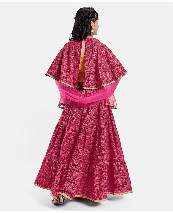 Pine Kids All Over Printed Tiered Lehenga with Cape Choli Set- Dark Pink