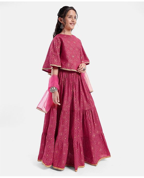 Pine Kids All Over Printed Tiered Lehenga with Cape Choli Set- Dark Pink