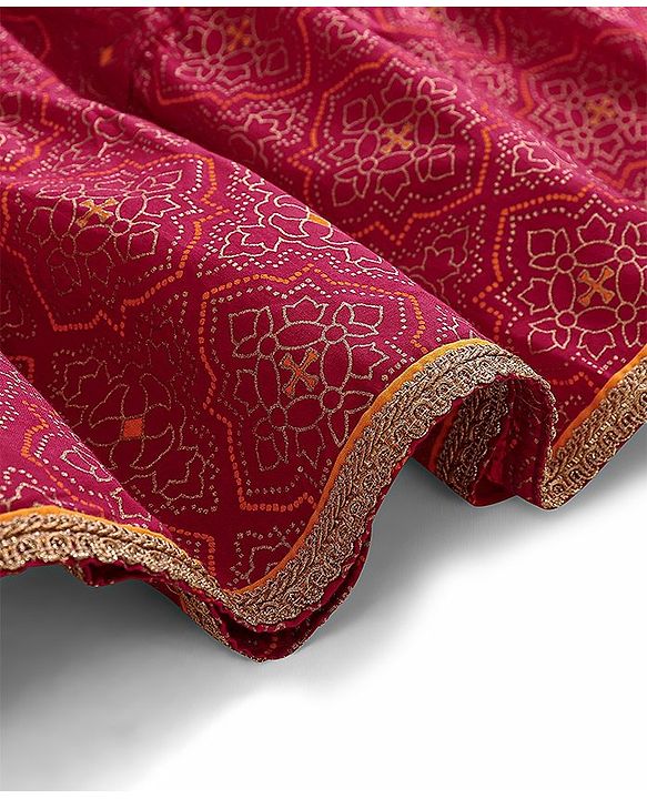 Pine Kids All Over Printed Tiered Lehenga with Cape Choli Set- Dark Pink