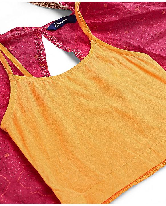 Pine Kids All Over Printed Tiered Lehenga with Cape Choli Set- Dark Pink