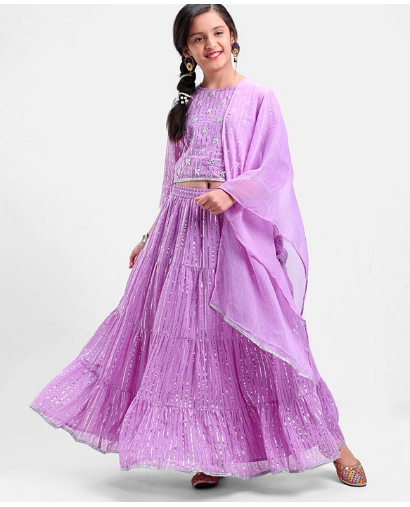 Pine Kids 100% Cotton Woven Half Sleeves Mirror Work Tiered Lehenga Choli Set - Lavender