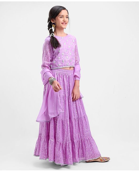 Pine Kids 100% Cotton Woven Half Sleeves Mirror Work Tiered Lehenga Choli Set - Lavender