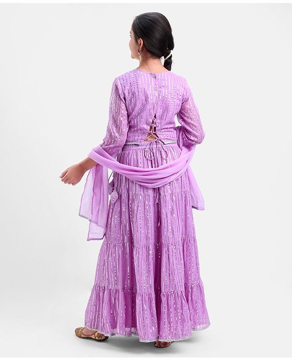 Pine Kids 100% Cotton Woven Half Sleeves Mirror Work Tiered Lehenga Choli Set - Lavender