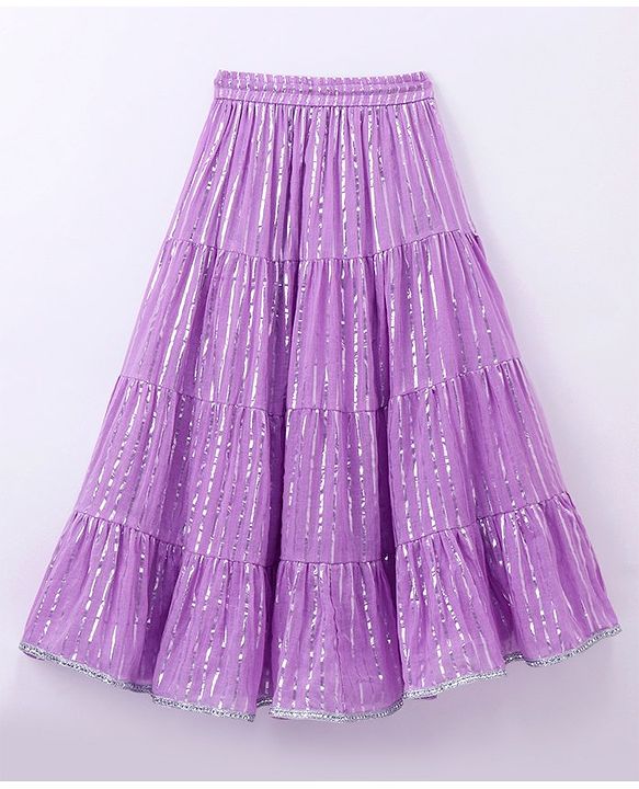 Pine Kids 100% Cotton Woven Half Sleeves Mirror Work Tiered Lehenga Choli Set - Lavender