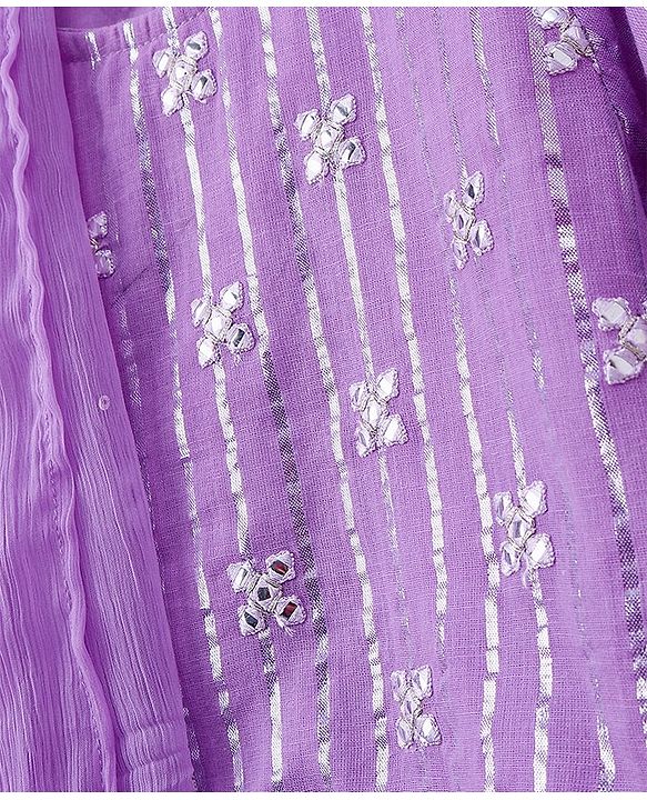 Pine Kids 100% Cotton Woven Half Sleeves Mirror Work Tiered Lehenga Choli Set - Lavender