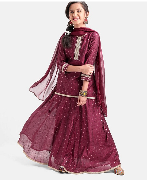 Pine Kids Three Fourth Sleeves Zari Design Lehenga & Choli Set - Wine