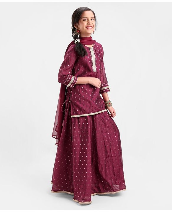 Pine Kids Three Fourth Sleeves Zari Design Lehenga & Choli Set - Wine
