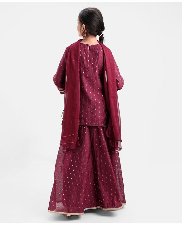 Pine Kids Three Fourth Sleeves Zari Design Lehenga & Choli Set - Wine