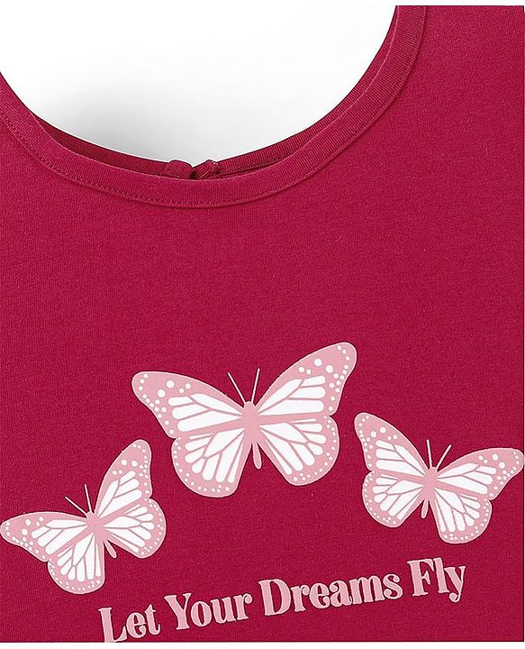 Pine Kids 100% Cotton Knit Half Sleeves Knee Length Night Gown Butterfly Print - Persian Red