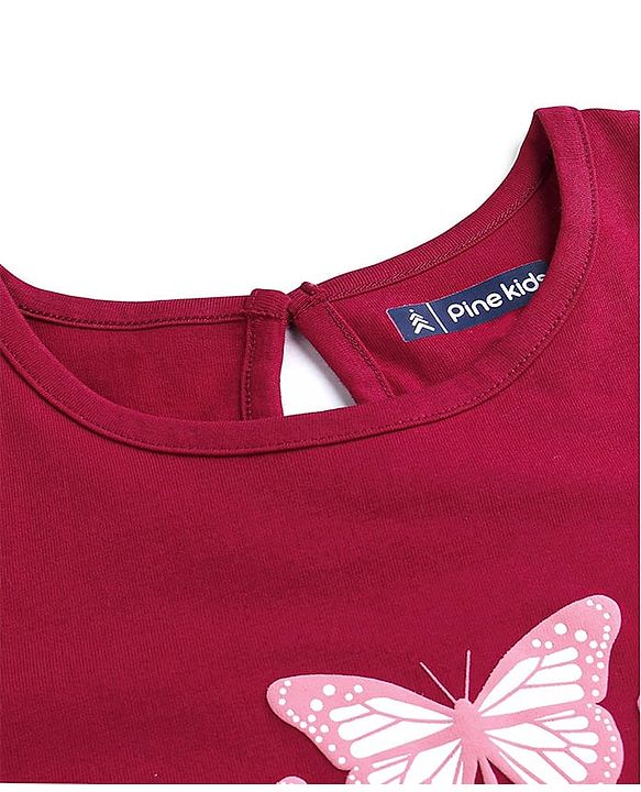 Pine Kids 100% Cotton Knit Half Sleeves Knee Length Night Gown Butterfly Print - Persian Red