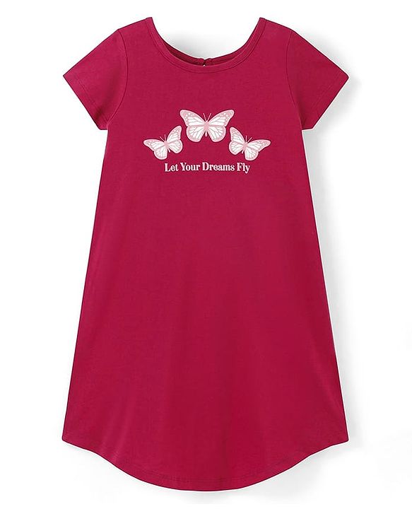 Pine Kids 100% Cotton Knit Half Sleeves Knee Length Night Gown Butterfly Print - Persian Red