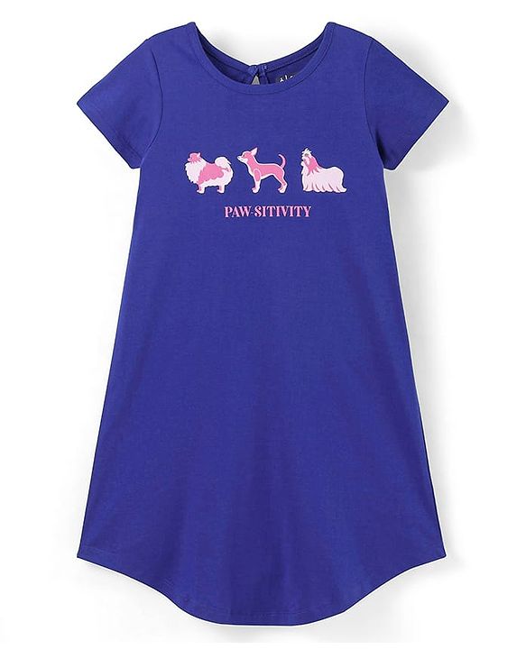 Pine Kids 100% Cotton Knit Half Sleeves Knee Length Night Gown Puppy Print - Blue