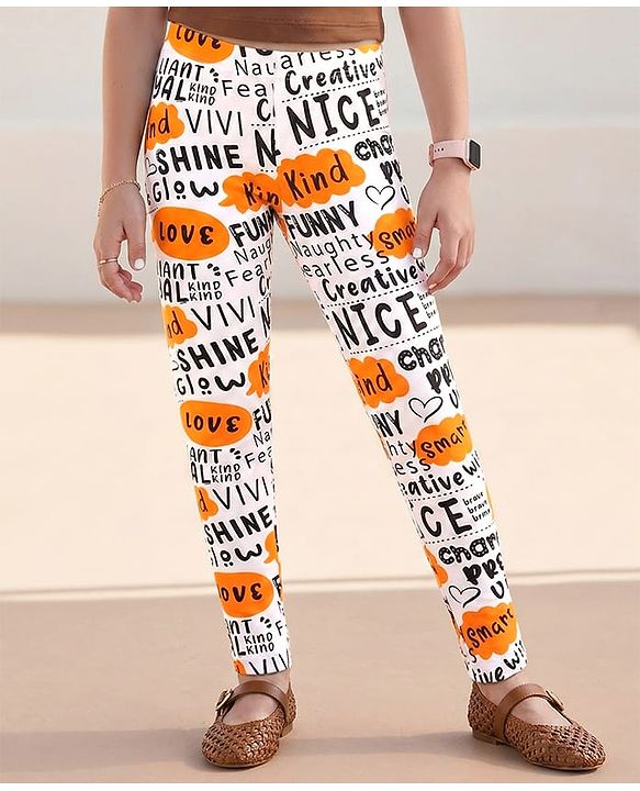 Pine Kids Cotton Spandex Leggings Text Printed - Bright White With Yellow