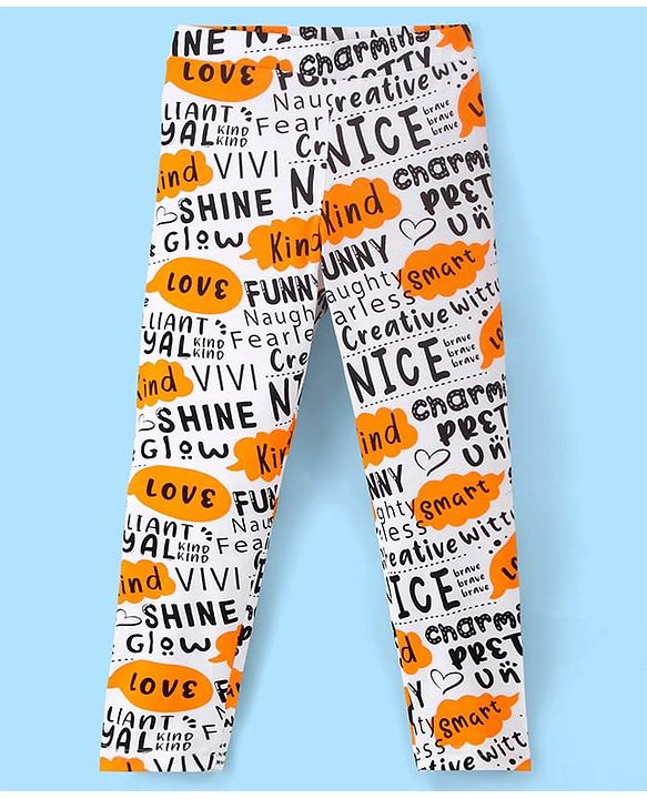 Pine Kids Cotton Spandex Leggings Text Printed - Bright White With Yellow