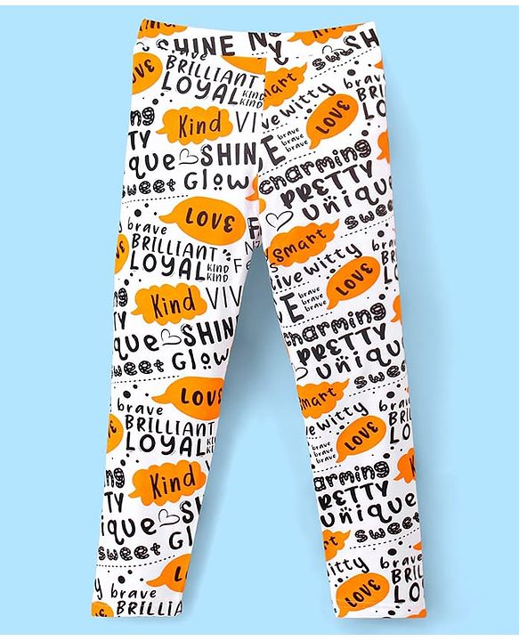 Pine Kids Cotton Spandex Leggings Text Printed - Bright White With Yellow