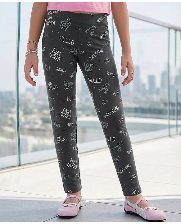 Pine Kids Stretchable Cotton Bio Washed Full Length Leggings Text Print - Dark Shadow