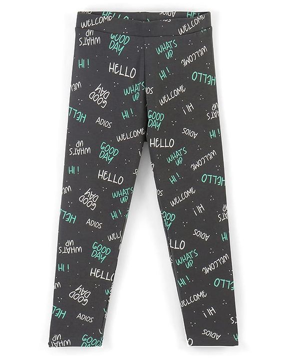 Pine Kids Stretchable Cotton Bio Washed Full Length Leggings Text Print - Dark Shadow