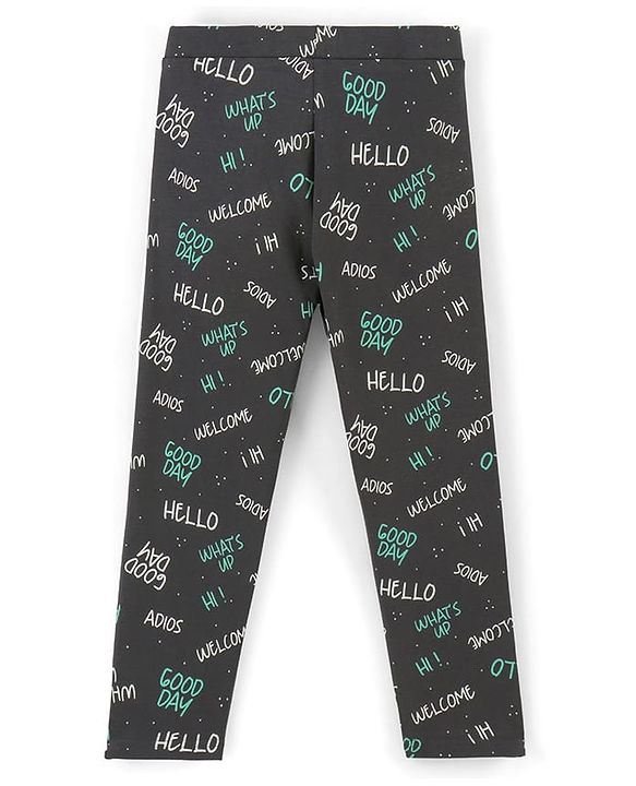 Pine Kids Stretchable Cotton Bio Washed Full Length Leggings Text Print - Dark Shadow