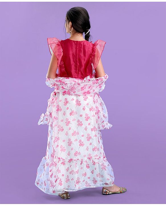 Pine Kids Half Sleeves Choli & Tiered Lehenga  with Dupatta Floral Print - Pink