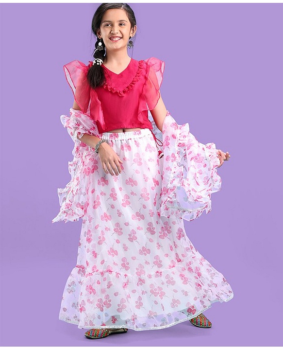 Pine Kids Half Sleeves Choli & Tiered Lehenga  with Dupatta Floral Print - Pink