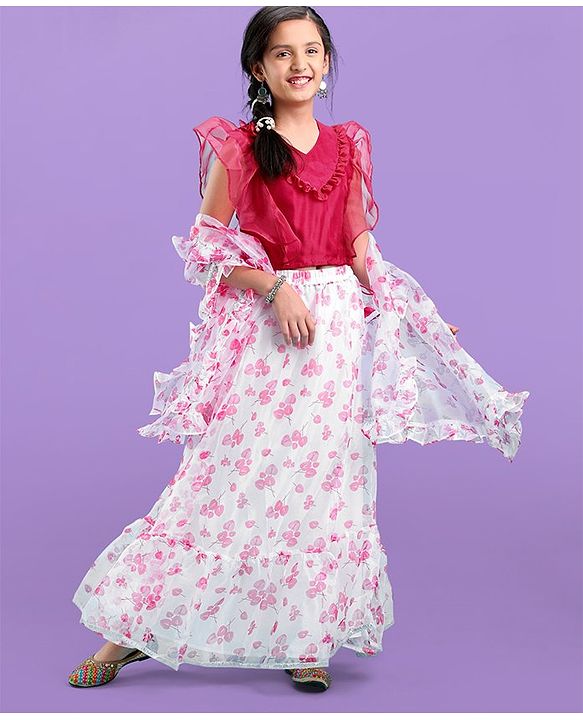 Pine Kids Half Sleeves Choli & Tiered Lehenga  with Dupatta Floral Print - Pink