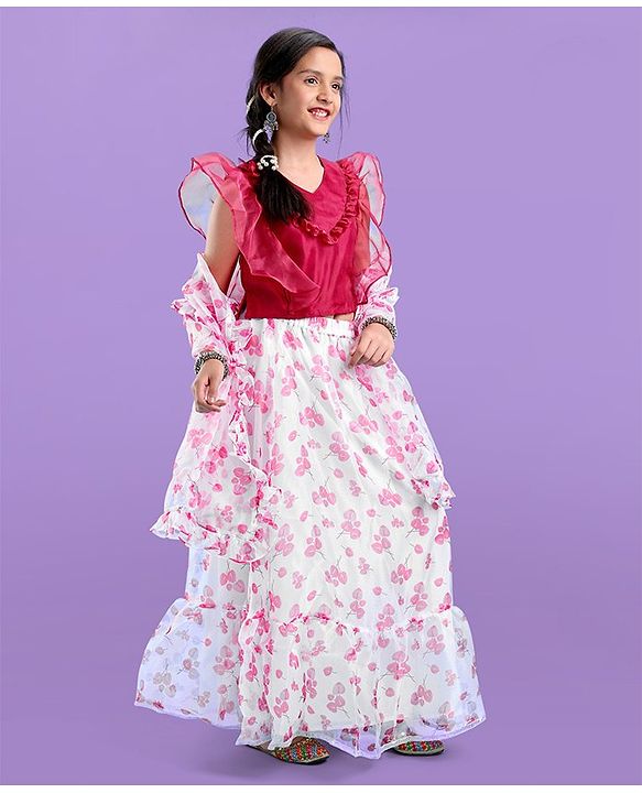 Pine Kids Half Sleeves Choli & Tiered Lehenga  with Dupatta Floral Print - Pink