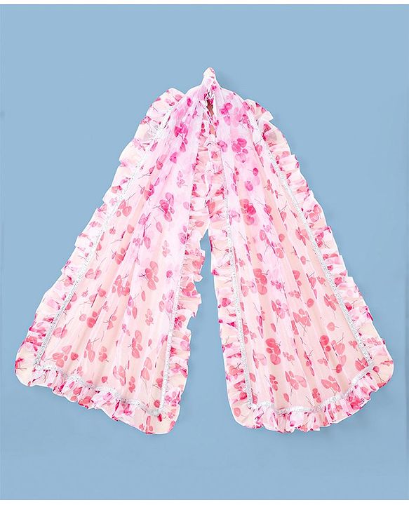 Pine Kids Half Sleeves Choli & Tiered Lehenga  with Dupatta Floral Print - Pink