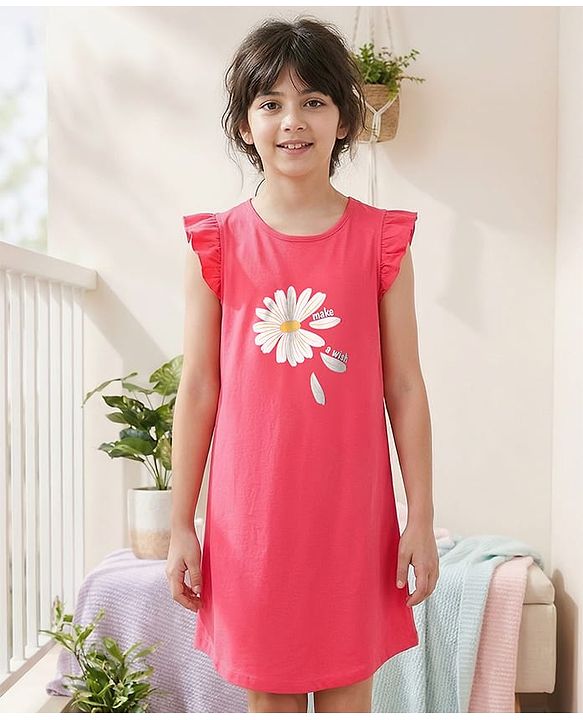 Pine Kids 100% Cotton Knit Short Sleeves Night Gown Flower Print - Pink