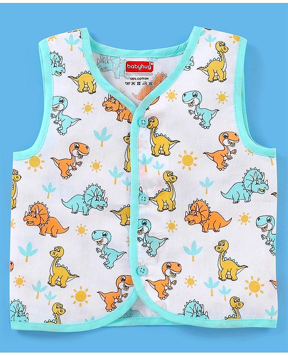Babyhug 100% Cotton Sleeveless Jhabla Striped & Dino Print Pack of 3 - Blue & White