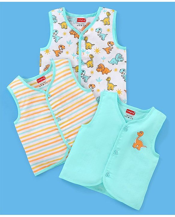 Babyhug 100% Cotton Sleeveless Jhabla Striped & Dino Print Pack of 3 - Blue & White