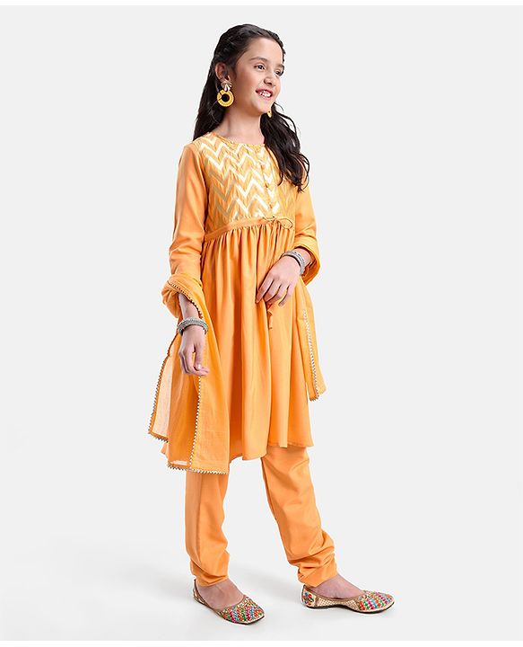 Pine Kids Three Fourth Sleeves Kurti Churidar Set with Dupatta Chervon Pattern - Mustard Yellow