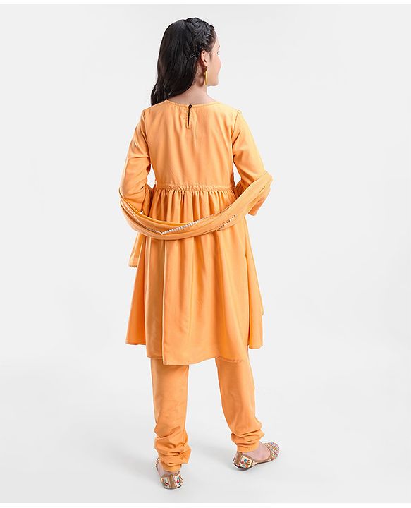 Pine Kids Three Fourth Sleeves Kurti Churidar Set with Dupatta Chervon Pattern - Mustard Yellow
