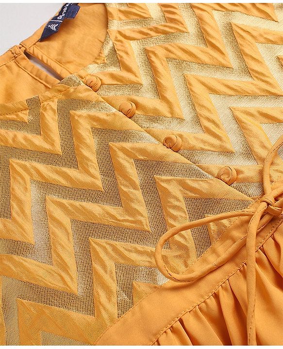 Pine Kids Three Fourth Sleeves Kurti Churidar Set with Dupatta Chervon Pattern - Mustard Yellow
