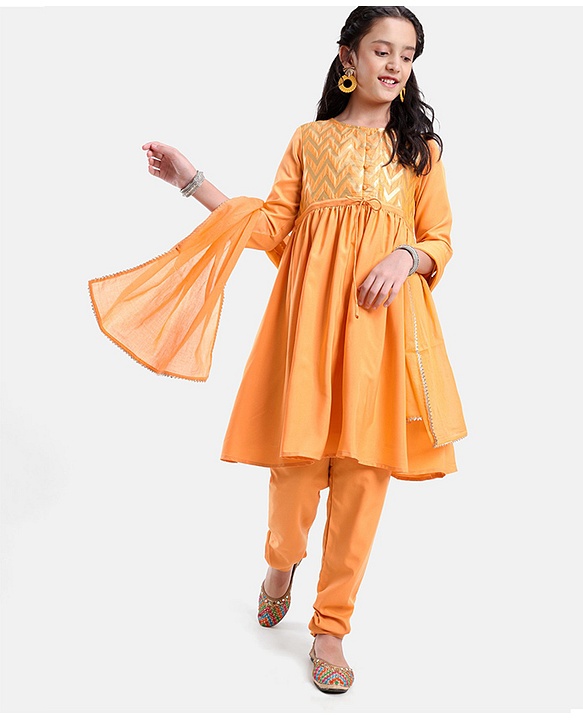 Pine Kids Three Fourth Sleeves Kurti Churidar Set with Dupatta Chervon Pattern - Mustard Yellow