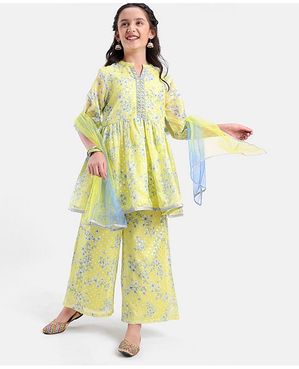 Pine Kids Three Fourth Sleeves Kurti & Salwar Set With Dupatta Floral Print- Yellow