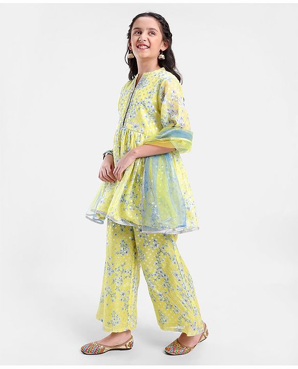 Pine Kids Three Fourth Sleeves Kurti & Salwar Set With Dupatta Floral Print- Yellow