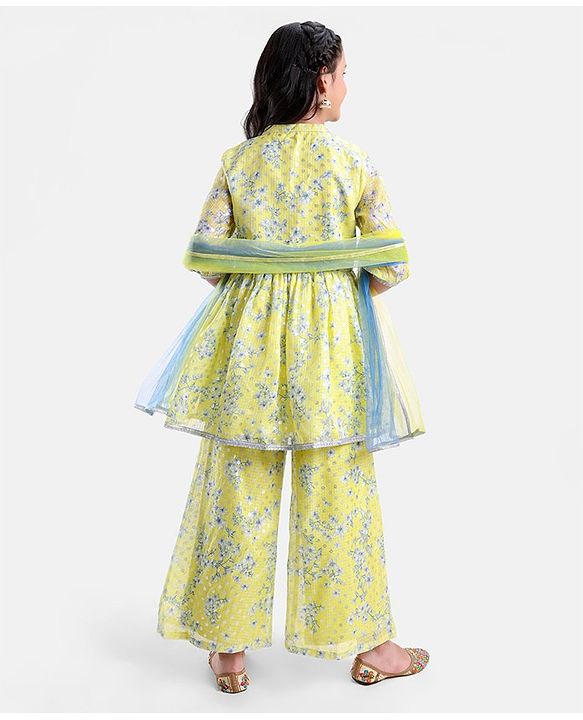 Pine Kids Three Fourth Sleeves Kurti & Salwar Set With Dupatta Floral Print- Yellow